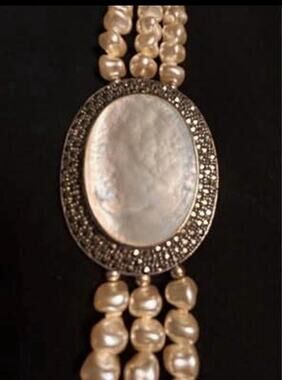 Vintage Sterling Silver Mother of Pearl 3 Strand Baroque Pearl Bracelet